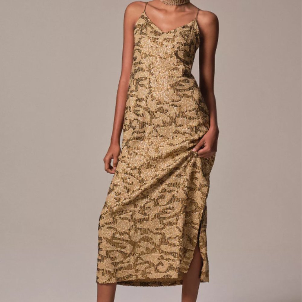 Anthropologie Sequined Slip Midi Dress - Gold - Size 14